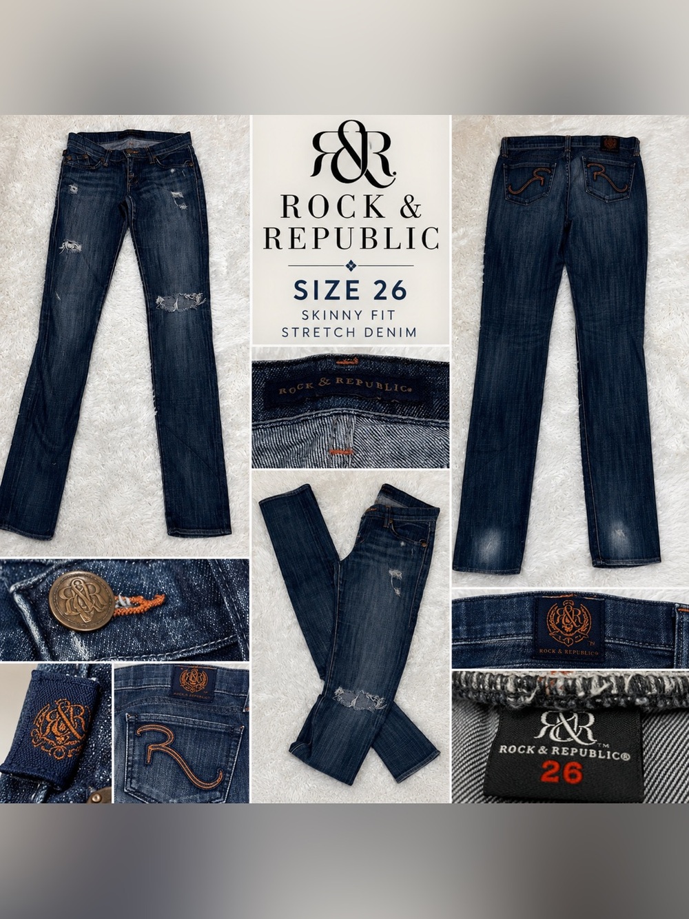 Rock & Republic KasandraSkinnyJeansWomen’s Size 26 Distressed Dark Stretch Denim